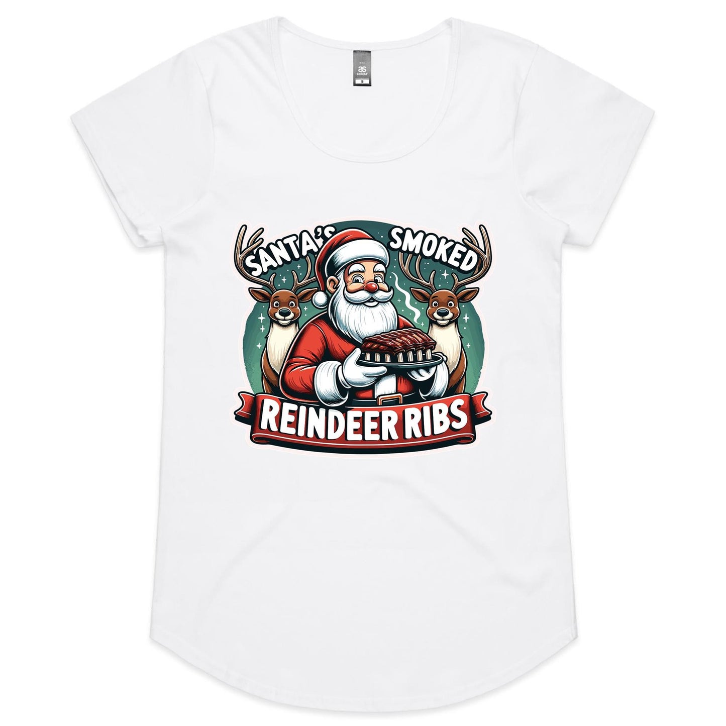 Santas Smoke Reindeer Ribs Xmas Day - Womens Scoop Neck T-Shirt