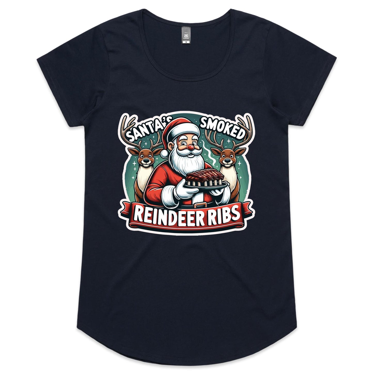 Santas Smoke Reindeer Ribs Xmas Day - Womens Scoop Neck T-Shirt