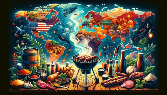 "World map background with vibrant BBQ elements, showcasing a global culinary journey with grilling tools and spices from different cultures like the Americas and Asia, emphasizing the rich diversity of barbecue traditions.
