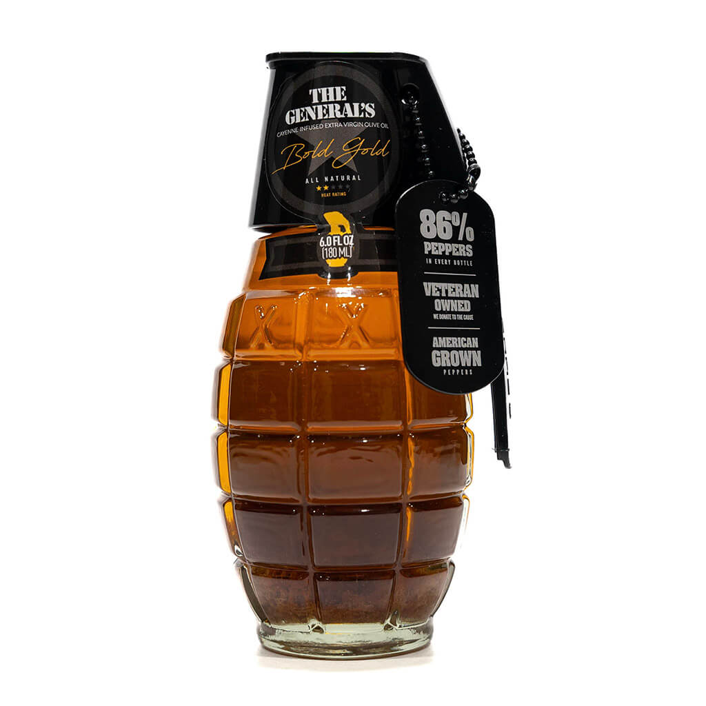 Frontal shot of 'The General's Bold Gold' bottle with a prominent display of its label and an attached tag highlighting '86% Peppers' and 'Veteran Owned' credentials.
