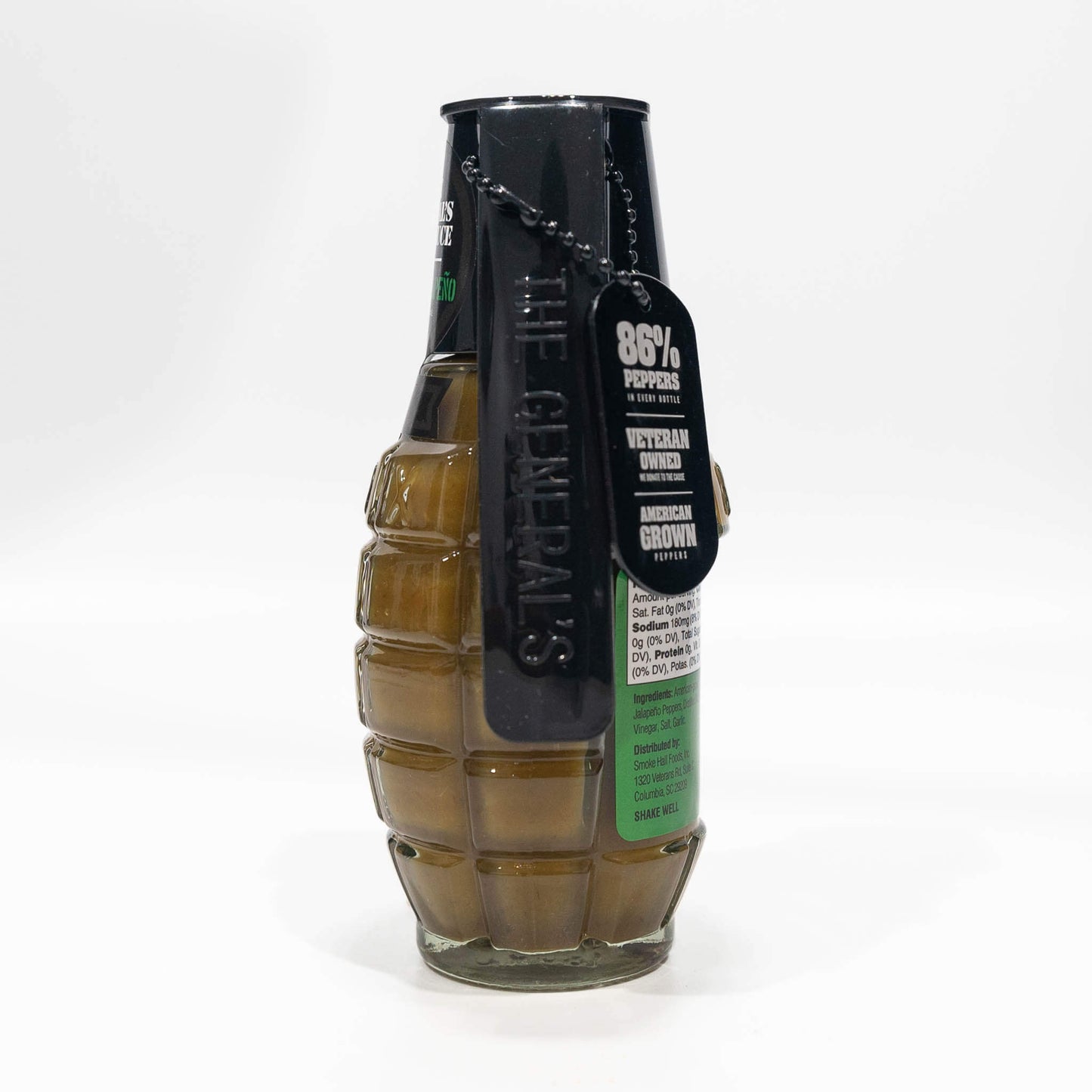 Side view of The General's Hooah Jalapeño hot sauce bottle, emphasizing the brand's commitment to using 86% peppers, being veteran owned, and American grown.